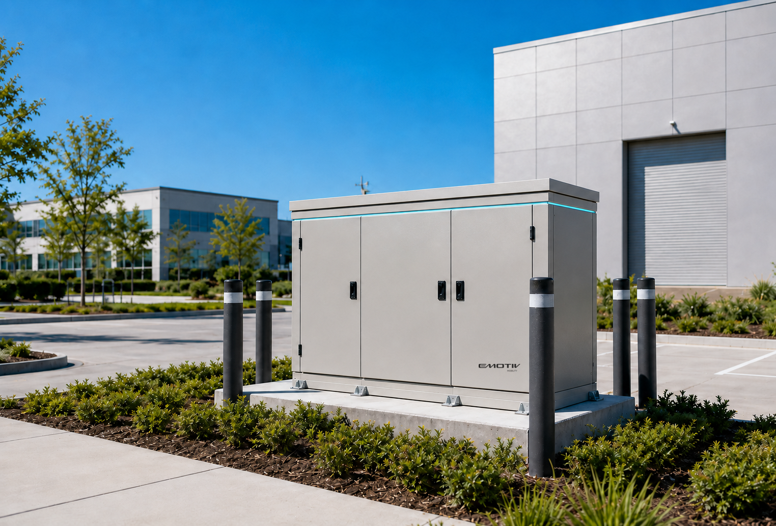 Emotiv Mobility pad-mounted distribution transformer installed at a commercial facility