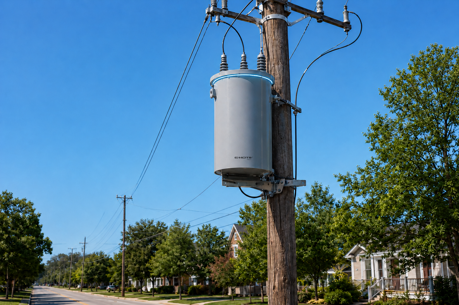 Emotiv Mobility pole-mounted distribution transformer operating on a utility pole