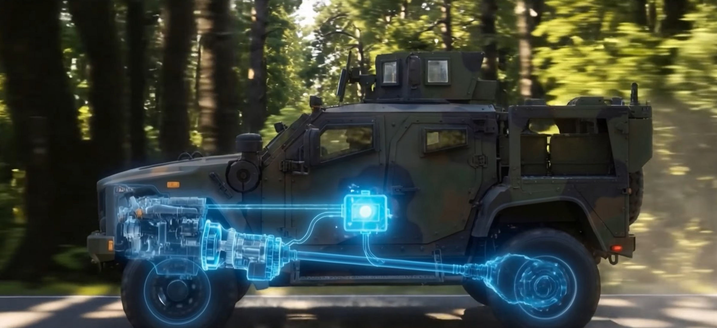 Specialty defense vehicle in motion with an HPTC drivetrain energy visualization