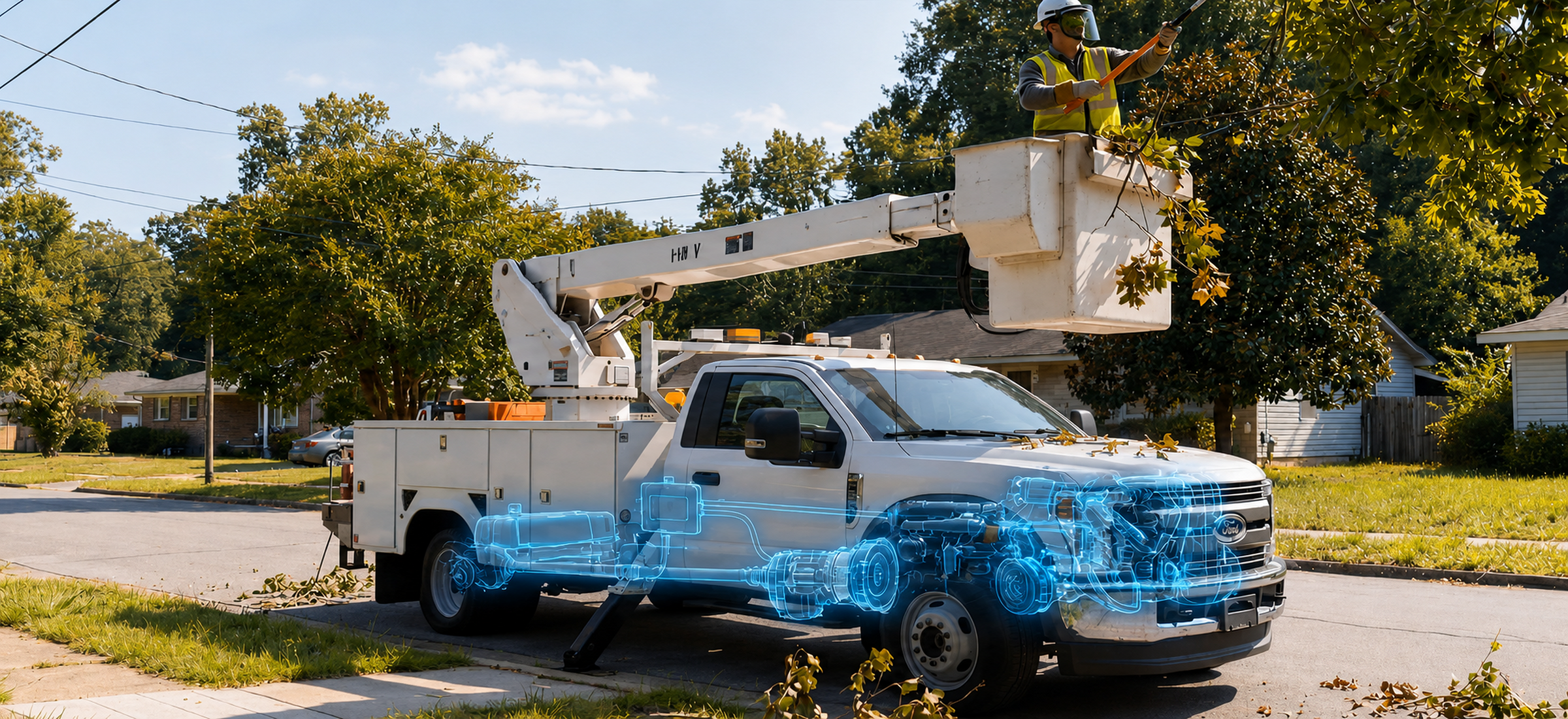Utility bucket truck supporting field work with an HPTC drivetrain energy visualization